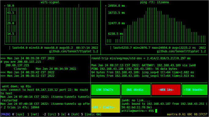 Screenshot of tmux w/ttyplot and indic panes